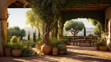 Fotobehang mediterranean garden with terracotta pots, olive trees, grapevines, copy space, 16:9 © Christian