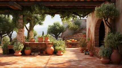 mediterranean garden with terracotta pots, olive trees, grapevines, copy space, 16:9 - obrazy, fototapety, plakaty