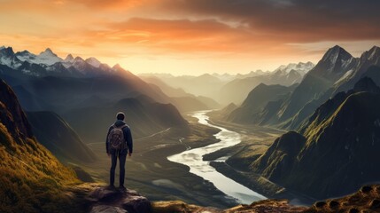 panoramic view of a hiker standing on a mountain summit at sunrise, concept: hiking, freedom. copy space, 16:9