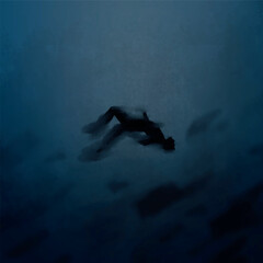 Dark illustration of drowning silhouette person in the sea. Impressionist digital painting showing depression and depth of the ocean. Hand drown person deep underwater drowned suffocate. Lost, fears
