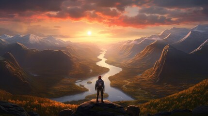 panoramic view of a hiker standing on a mountain summit at sunrise, concept: hiking, freedom. copy...