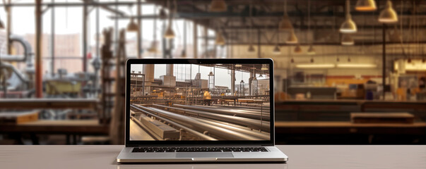 Fototapeta premium Front view of laptop with screen. Modern architecture in the background. generative ai