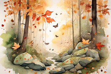 Secluded Forest Glade Autumn Morning Watercolor Illustration