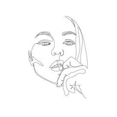 Face woman portrait with hand, continuous line drawing, beautiful female put finger to lips, face of girl single line white background, vector illustration. Tattoo, print and logo design. 