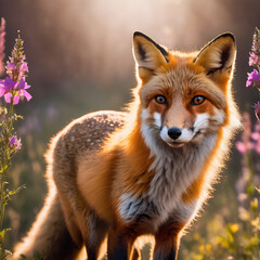 A fox with its fur glistening in the sunlight, standing among a backdrop of vibrant wildflowers