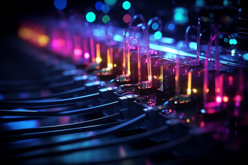 Close up of a sound mixer console with colorful lights.