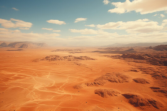 Desert landscape with blue sky and clouds. 