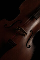 Close up of a violin on a black background. Wooden musical string instrument. Wooden double bass...