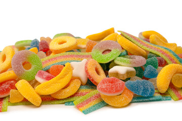 Assorted gummy candies isolated on a white background. Top view.
