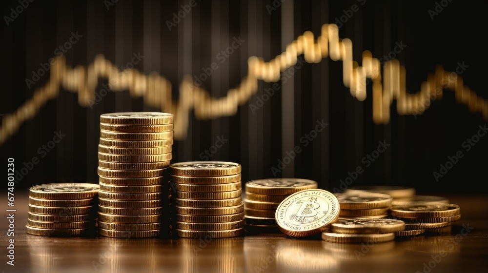 Poster stack of money coin with trading graph, financial investment concept can be use as background