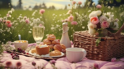 Summer romantic picnic on the beautiful meadow. There is a picnic basket with white wine, home made cake, croissants and bouquet of pink and white flowers. - obrazy, fototapety, plakaty
