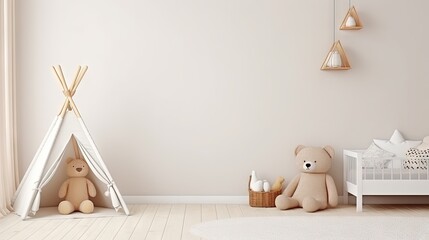 Empty white wall in modern child room. Mock up interior in scandinavian, boho style. Copy space for...