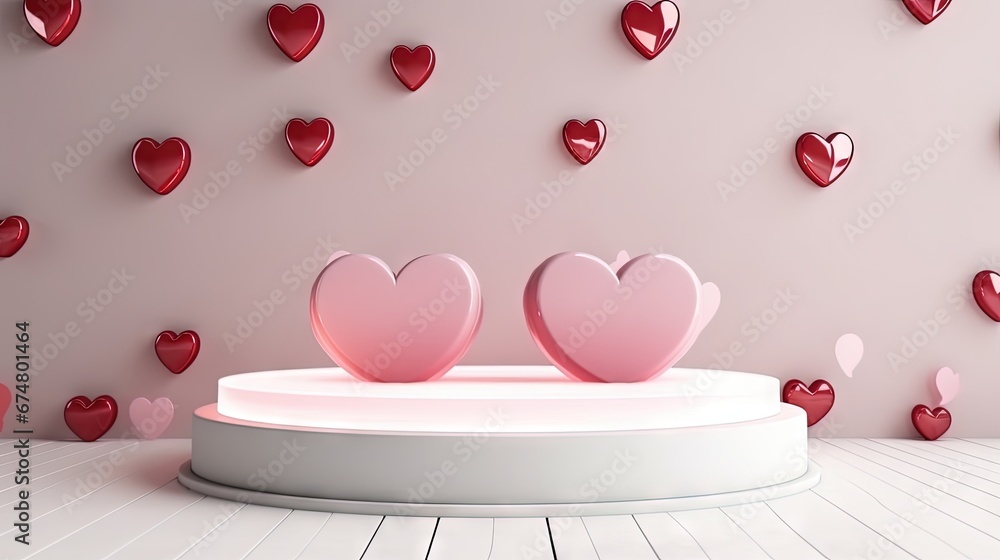 Poster Valentine's day stage podium mock up with heart product display showcase 3d render