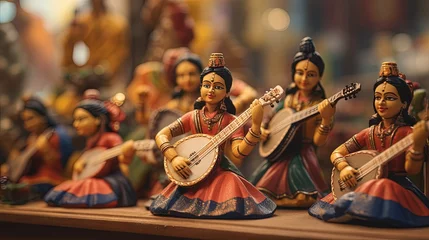 Fotobehang Muziekwinkel Beautiful handmade dolls of miniature folk musicians performing in a band of classical Indian music is displayed in a shop for sale in blurred background. Indian art and handicraft.
