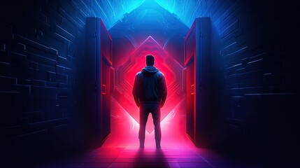 man looking into keyhole. non disclosure agreement, spying or information security concept in red and blue neon gradients - obrazy, fototapety, plakaty