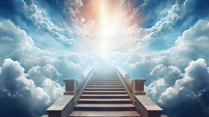 Dramatic religious background - heaven and hell, staircase to heaven, light of hope from blue skies - obrazy, fototapety, plakaty
