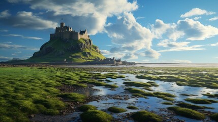 Lindisfarne Castle was built in the 16th. century and is accesible from the mainland at low tide by means of a causeway. - obrazy, fototapety, plakaty