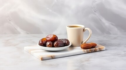 Ramadan sweets, eid mubarak and luxurious desserts concept with stuffed dates on metal plate and...