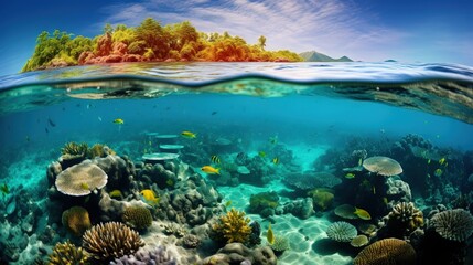 Fototapeta na wymiar Wonderful underwater marine scenery wide angle photos, these coral reef are in healthy condition. The diversity is amazing and the marine life is abundant. The tropical waters of Indonesia.