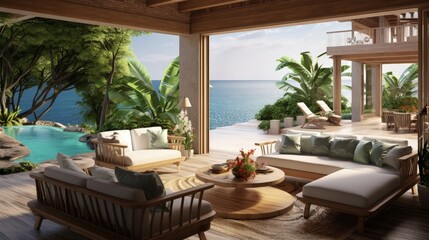 Fototapeta premium Tropical luxury villa interior, living room with sea view veranda