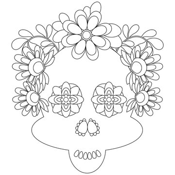 Sugar skull with flowers Mexican embroidery coloring page