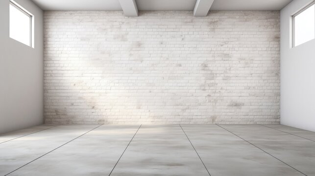 Fototapeta Abstract empty white interior with brick wall and concrete floor