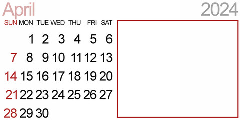 April 2024: Creative Calendar with Space for Text. Week starts on Sunday.