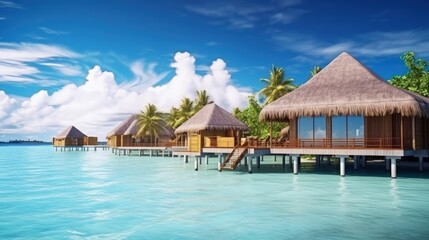 Fototapeta premium Tropical beach and water bungalows. Travel and tourism to luxury resorts in the Maldives islands. Summer holiday concept Maldives