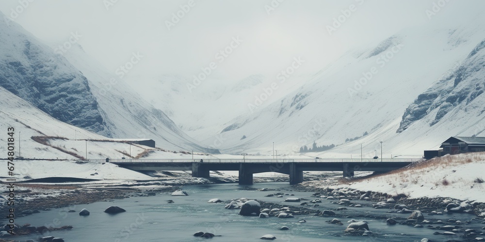 Wall mural generative ai, winter aesthetic landscape panorama, muted neutral colors, forest and mountains.