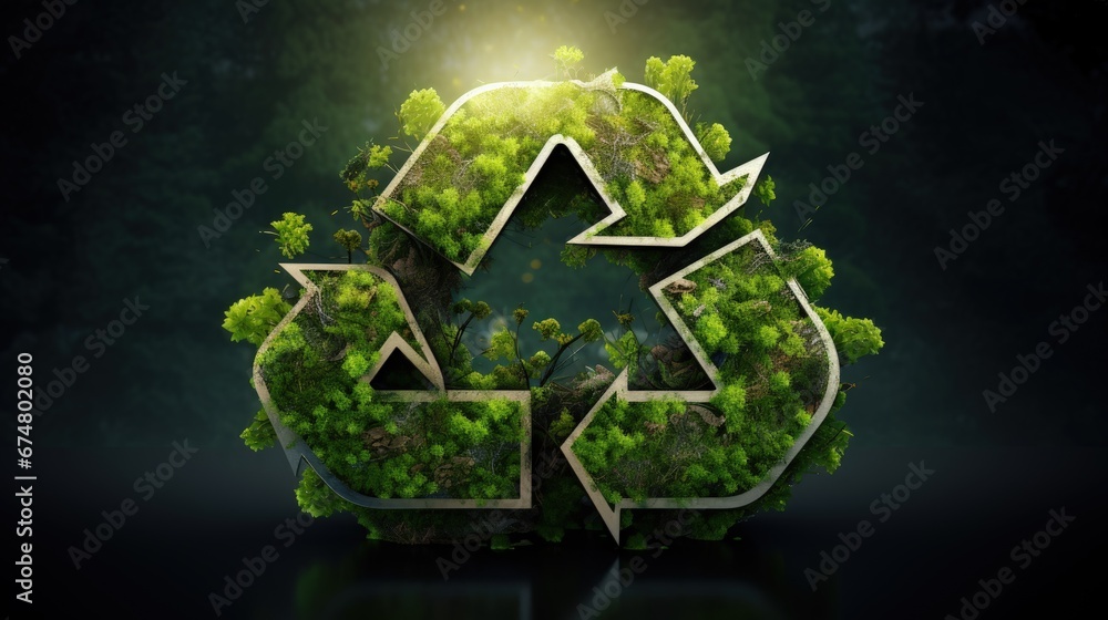 Poster green recycle 3d symbol, save the planet and energy concept. green trees in recycle shape.