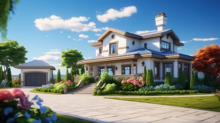 luxury family house with landscaping on the front and blue sky on background