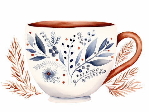 Watercolor illustration of blue folk cup on white background