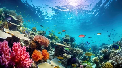 Papier Peint photo Lavable Récifs coralliens Wonderful underwater marine scenery wide angle photos, these coral reef are in healthy condition. The diversity is amazing and the marine life is abundant. The tropical waters of Indonesia.
