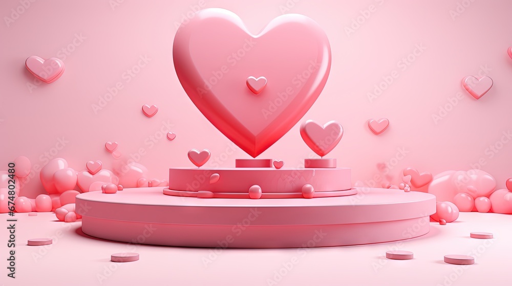 Poster Valentine's day stage podium mock up with heart product display showcase 3d render