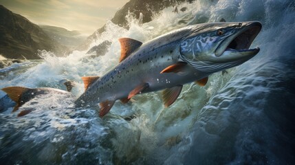 Wild salmon swimming upstream at Brooks Falls in Katmai National Park (Alaska).