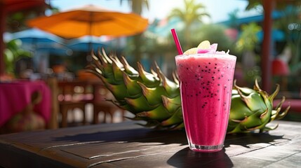 Dragon fruit smoothie in glass on table in tropical cafe outdoor