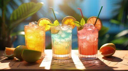 three exotic cocktails in rays of sun; fresh summer cold alcohol drinks; - obrazy, fototapety, plakaty
