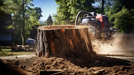 Stump grinder grinding down tree stump on a sunny day