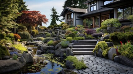 Outdoor landscape garden in North Vancouver, British Columbia, Canada. - obrazy, fototapety, plakaty