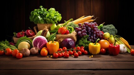 Healthy food background / studio photography of different fruits and vegetables on wooden table