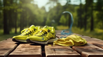Photo sur Aluminium Fitness Pair of yellow green sport shoes towel water smart pone and headphones on wooden board. In the background forest or park trail. Accessories for running sport.