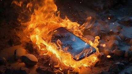 Mobile phone explodes and burns. Cell Phone explosion and fire. Smart Phone Danger from over use or bad manufacturing. Burning up overheating Smart phone concept. - obrazy, fototapety, plakaty