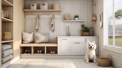 Pet friendly scandinavian white and wooden mudroom, laundry room, space with dog shower bath with ladder, dog bed and carpet, treat bowl, window with bench. Interior design concept, 3d illustration