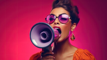 Video marketing, live stream or media clip to promote brand, influencer advertising, content marketing or online digital campaign concept, beauty confidence woman with megaphone on video media player. - obrazy, fototapety, plakaty