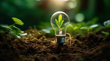 Lightbulb is located on the soil, and plant are growing. Renewable energy generation is essential in the future.
