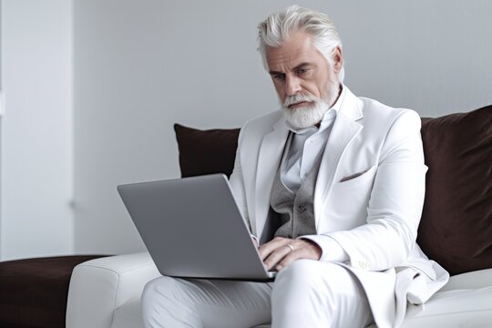 Elderly businessman working with laptop in office. Generative AI