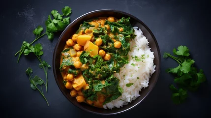 Fotobehang Vegan chickpea potato curry with rice and kale in blue bowl, gray background, top view. Alternative plant-based eco friendly food concept. © HN Works