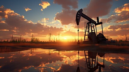 working oil pump at sunset with sunbeams - obrazy, fototapety, plakaty