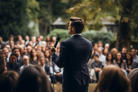 Public speaker giving talk in front of a blurred background, with a back view of the audience,