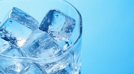 Ice cubes in a glass with crystal clear water on a blue background. Refreshing and healthy water on hot days